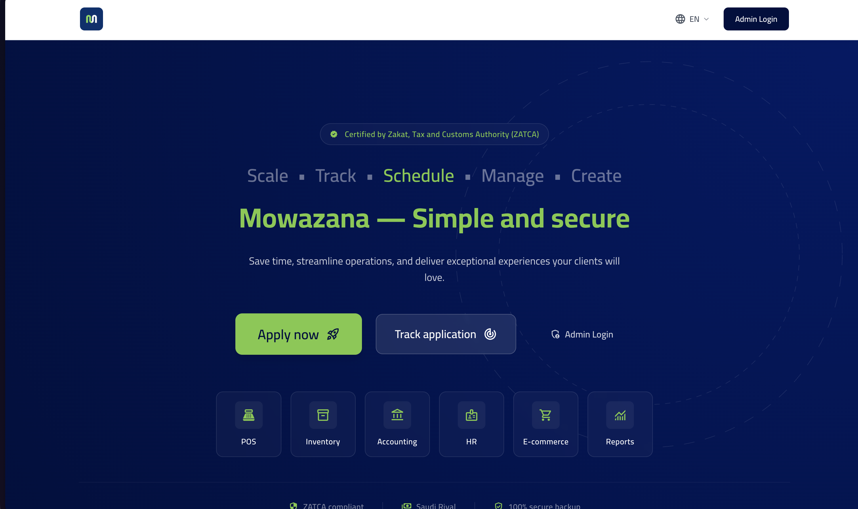 Mowazana landing page: Simple and secure, ZATCA-certified, with Apply now, Track application, and Admin Login