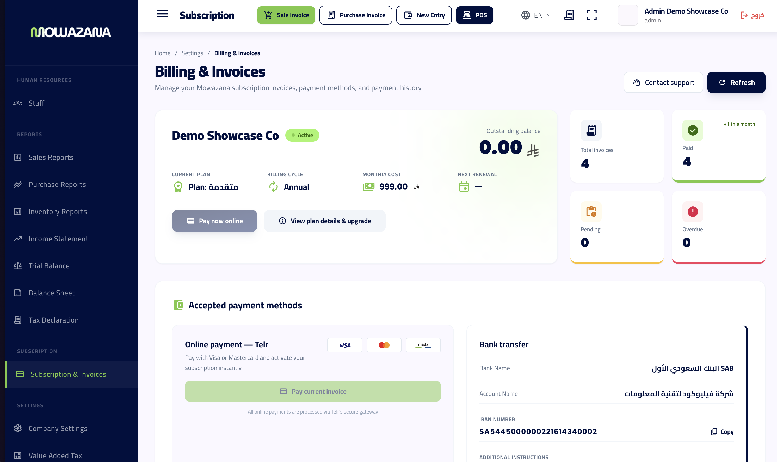 Tenant billing: plan, Telr online payment, and bank transfer